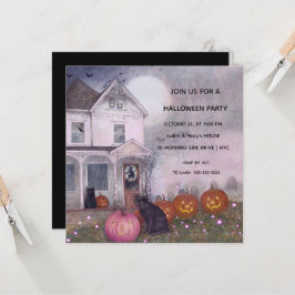 Pink Haunted House Black Cat Halloween Party Kaart