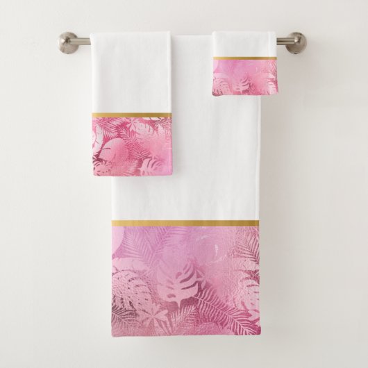 PINK HAWAÏAN TROPICAL GOLD BATHROOM TOWEL SET BAD HANDDOEK (Insitu)