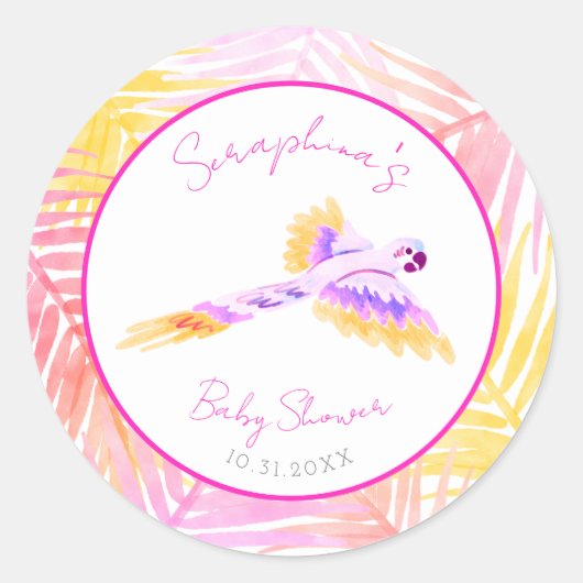 Pink Hawaiian Tropical Parrot Baby shower Ronde Sticker (Voorkant)