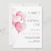 Pink Heart Balloon First Birthday Kaart (Voorkant)