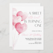 Pink Heart Balloon First Birthday Kaart (Voorkant / Achterkant)