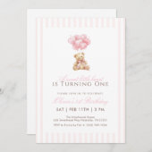 Pink Heart Balloon Teddy Bear 1st Birthday Kaart (Voorkant / Achterkant)