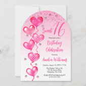 Pink Heart Balloons Sweet 16 Verjaardagsfeest Kaart (Voorkant)