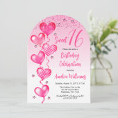 Pink Heart Balloons Sweet 16 Verjaardagsfeest Kaart (Staand voorkant)