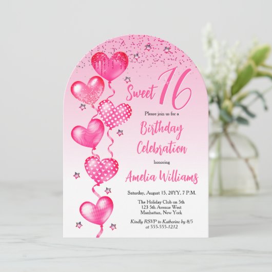 Pink Heart Balloons Sweet 16 Verjaardagsfeest Kaart (Staand voorkant)