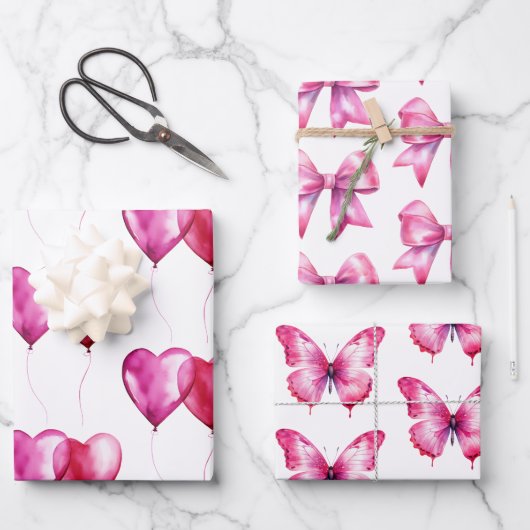 Pink Heart Balloons Verjaardag Inpakpapier Vel (Voorkant)