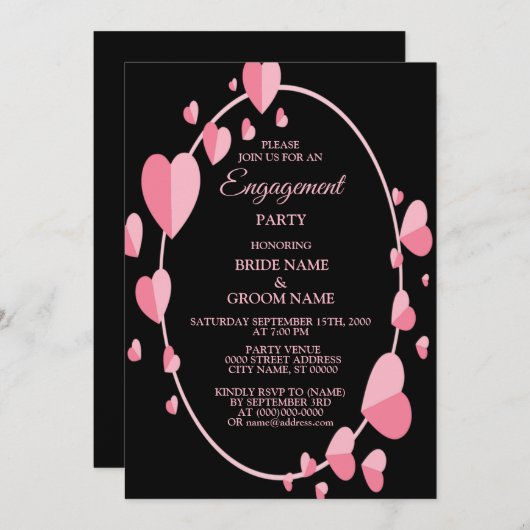 Pink Heart Black Geometric Engagement Party Kaart (Voorkant / Achterkant)