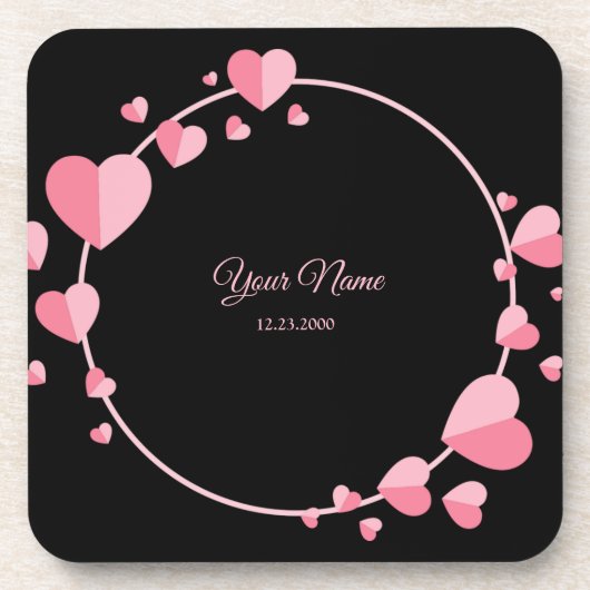 Pink Heart Black Geometric Wedding Party Elegant Bier Onderzetter (Voorkant)