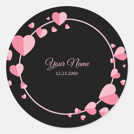 Pink Heart Black Geometric Wedding Party Elegant C Ronde Sticker (Voorkant)