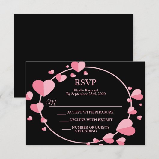 Pink Heart Black Geometric Wedding Party Elegant RSVP Kaartje (Voorkant / Achterkant)