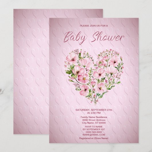 Pink Heart Bloemen Baby shower Uitnodiging (Voorkant / Achterkant)
