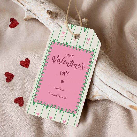Pink Heart Blooms & Green Heart - Modern Valentine Cadeaulabel
