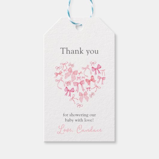 Pink Heart Bow Baby shower dank u gast gunst Cadeaulabel (Voorkant)