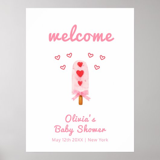 Pink Heart Bow Ice Cream Pop Baby shower Welkom Poster (Voorkant)