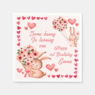 Pink Heart bunny Happy Birthday paper Servet