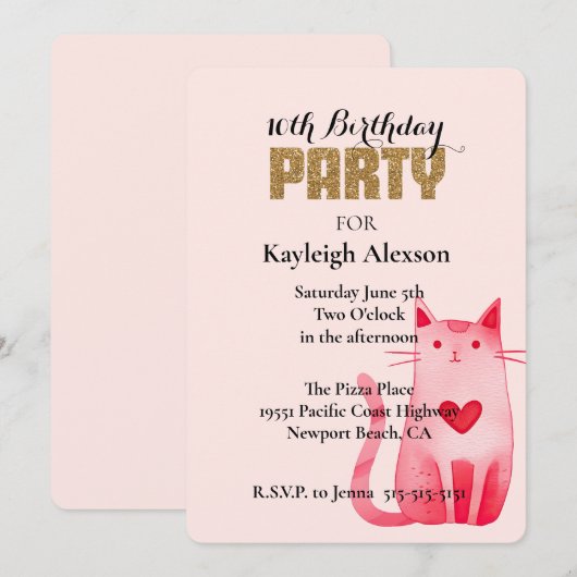 Pink Heart Cat Gold Glitter Verjaardag Kaart (Voorkant / Achterkant)