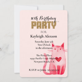 Pink Heart Cat Gold Glitter Verjaardag Kaart