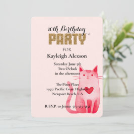Pink Heart Cat Gold Glitter Verjaardag Kaart