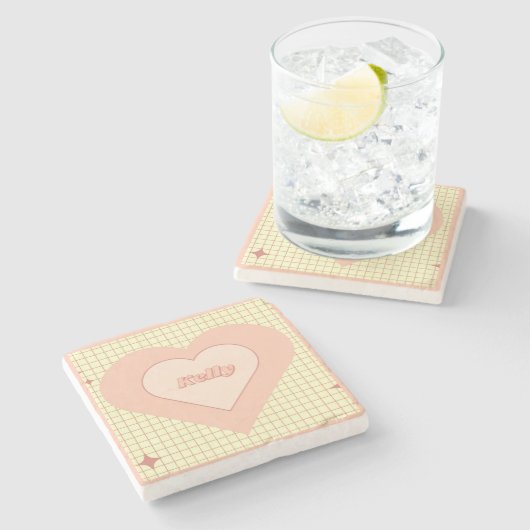 Pink Heart Checkered Pattern Valentijnsdag Stenen Onderzetter (Zijkant)