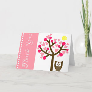 Pink Heart Cherry Blossom Owl Thank You Card Bedankkaart