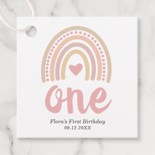 Pink Heart Cute Girl Boho Rainbow First Birthday Bedankjes Labels (Voorkant)