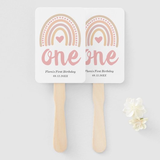 Pink Heart Cute Girl Boho Rainbow First Birthday Handwaaier (Voorkant en achterkant)
