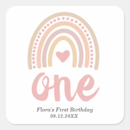 Pink Heart Cute Girl Boho Rainbow First Birthday Vierkante Sticker
