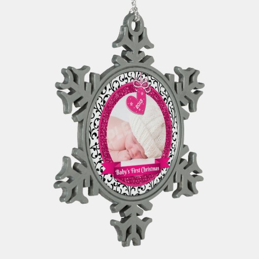 Pink Heart Damask Foto Baby's eerste kerst Tin Sneeuwvlok Ornament (Links)
