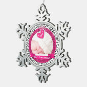 Pink Heart Damask Foto Baby's eerste kerst Tin Sneeuwvlok Ornament (Rechts)