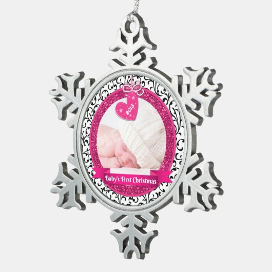 Pink Heart Damask Foto Baby's eerste kerst Tin Sneeuwvlok Ornament (Rechts)