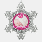 Pink Heart Damask Foto Baby's eerste kerst Tin Sneeuwvlok Ornament (Voorkant)