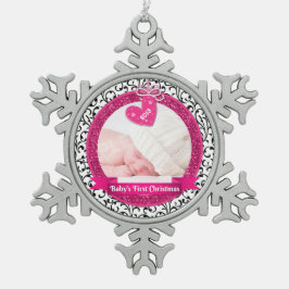 Pink Heart Damask Foto Baby's eerste kerst Tin Sneeuwvlok Ornament