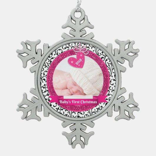 Pink Heart Damask Foto Baby's eerste kerst Tin Sneeuwvlok Ornament (Voorkant)