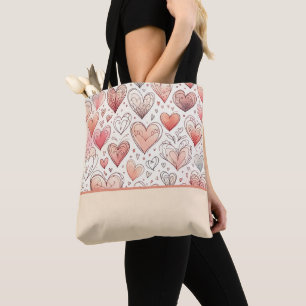 Pink Heart Doodles Valentijnsdag Kleurenblok Tote Bag