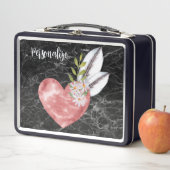 Pink Heart Feathers Black Marble BG Personalized (In situ)