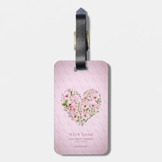 Pink Heart Floral Bagagelabel (Achterkant verticaal)