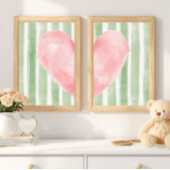 Pink Heart Green Stripes Watercolor, Cute Girly Muurkunst Sets