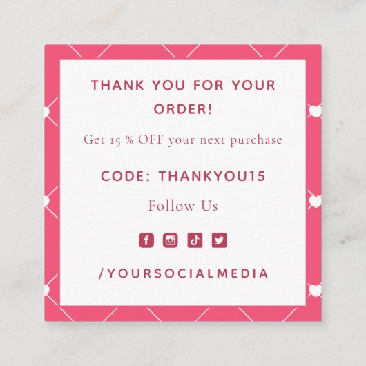 Pink Heart Grid Business Thank You Insert Card Vierkante Visitekaartje (Achterkant)