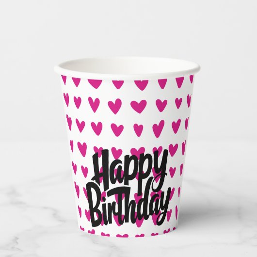 Pink Heart Happy Birthday Paper Cup Papieren Bekers (Voorkant)