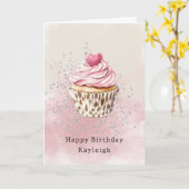 Pink Heart Leopard Cupcake Birthday Kaart (Gele Bloem)