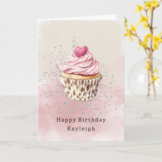 Pink Heart Leopard Cupcake Birthday Kaart (Gele Bloem)