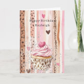 Pink Heart Leopard Cupcake Confetti Birthday Kaart (Voorkant)