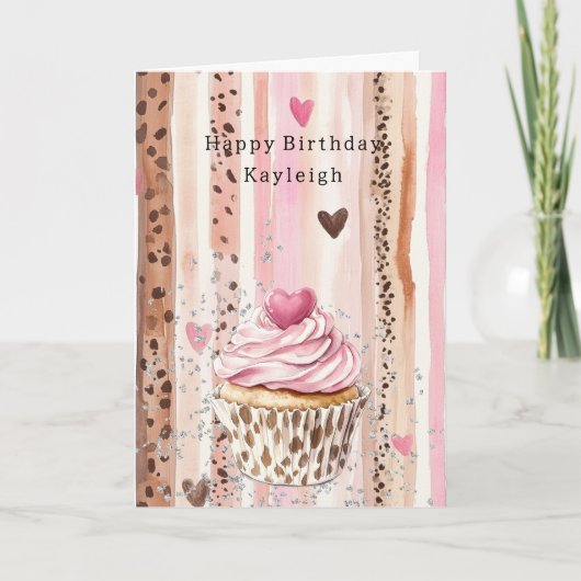 Pink Heart Leopard Cupcake Confetti Birthday Kaart (Voorkant)