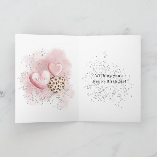 Pink Heart Leopard Cupcake Confetti Birthday Kaart (Binnen)