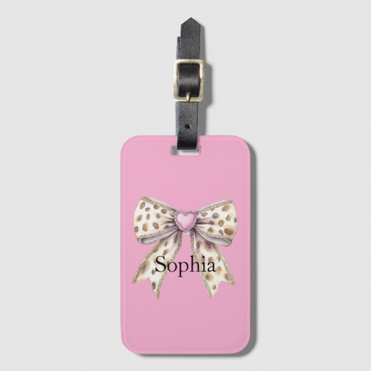 Pink Heart Leopard Girly Bow Bagagelabel (Voorkant (verticaal))