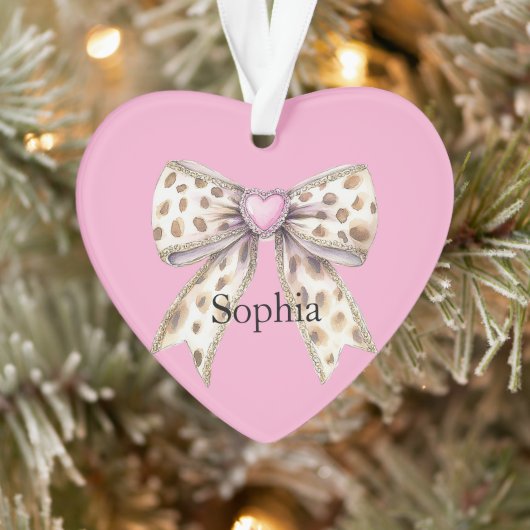 Pink Heart Leopard Girly Bow Kerstmis Ornament (Boom)