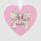 Pink Heart Leopard Girly Bow Kerstmis Ornament (voorkant)