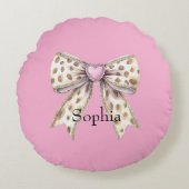 Pink Heart Leopard Girly Bow Rond Kussen (Voorkant)