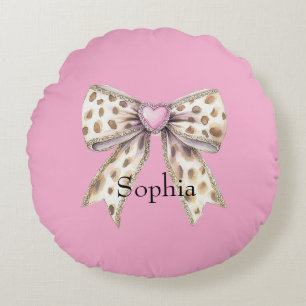 Pink Heart Leopard Girly Bow Rond Kussen