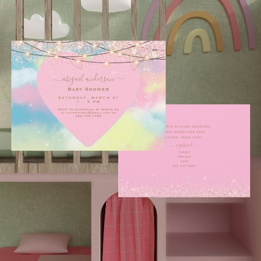 Pink Heart Lights Baby shower Kaart